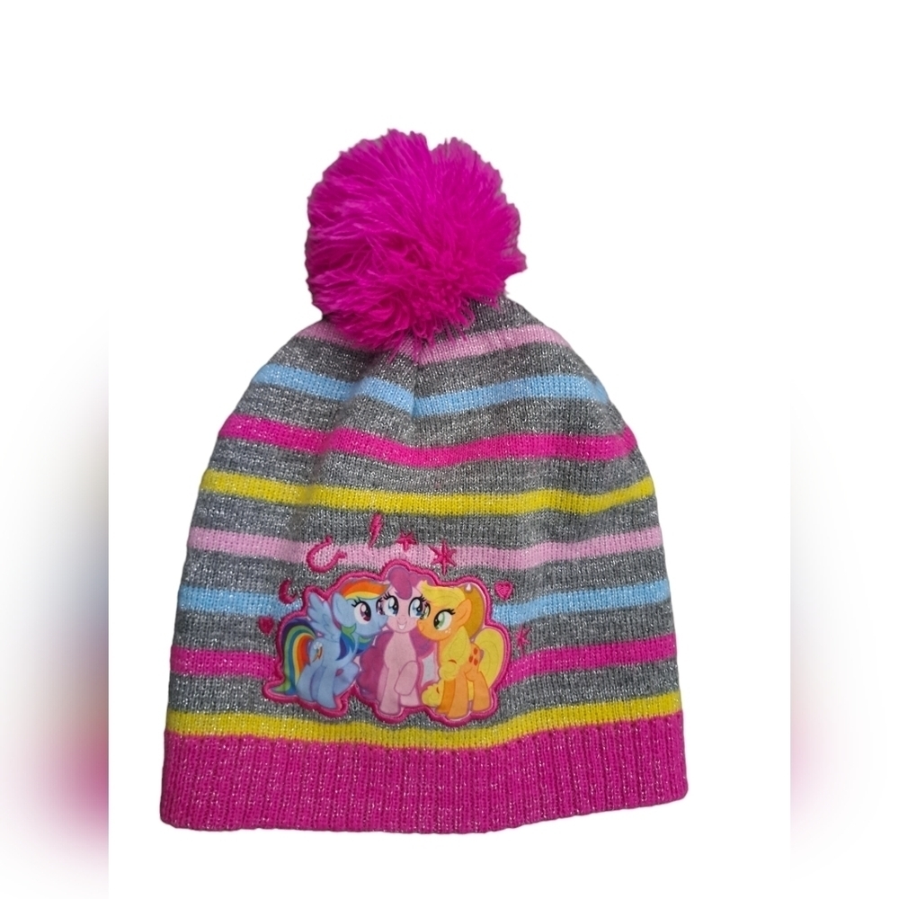 MY LITTLE PONY striped toque hat pink pom pom Barbie core glitter colorful OS